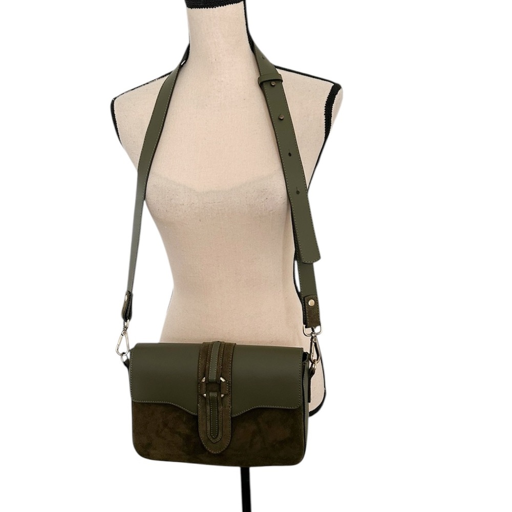 Amerai Genuine Italian Leather & Suede Crossbody Bag in Olive Green